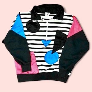 Vintage 90s Colorblock Striped Cotton Half Zip Sweater SP Black White